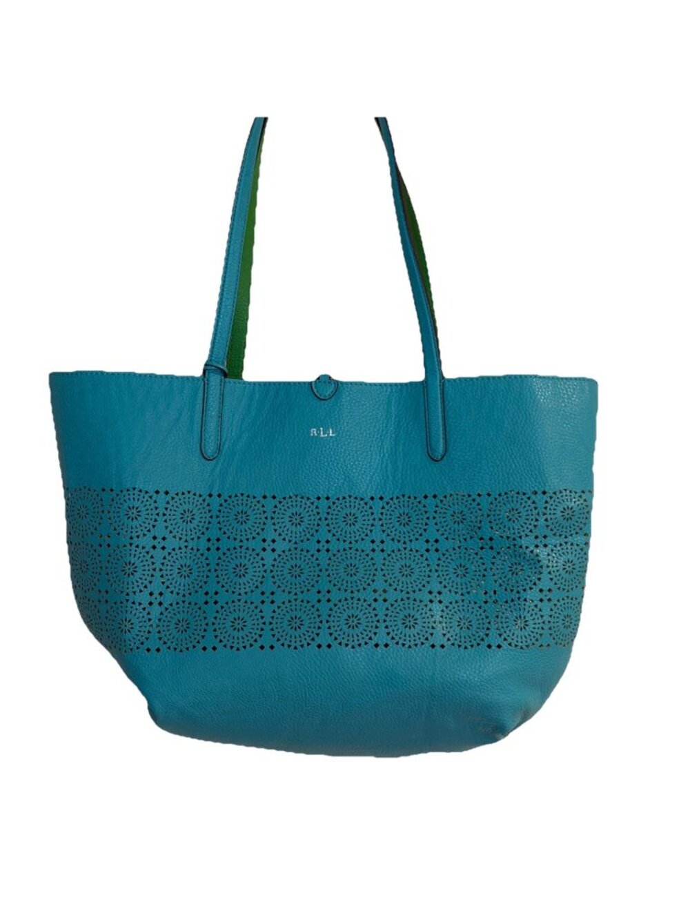 Ralph Lauren Littlebury Cut Out Tote Reversible Bag Green Blue 18x13” Resort